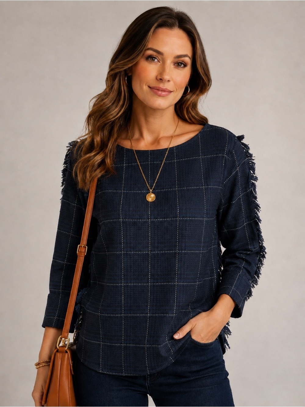 H&M Blue Black Plaid Ruffle Fringe Sleeve Size Boat Neck Top Shirt Size 4